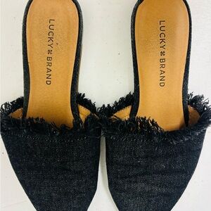 Lucky Brand Black Frayed Denim Slide Mules